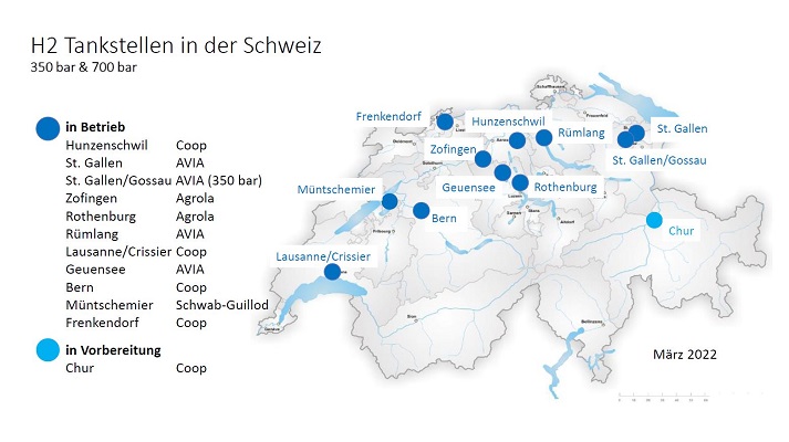 H2 Tankstellen Schweiz_2021_Status März 2022