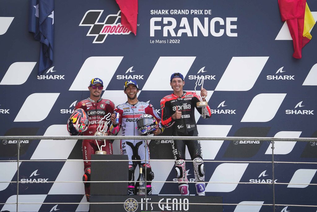 MotoGP™ podium L-R-Miller, Bastianini and Aleix Espargaro-motogp.com
