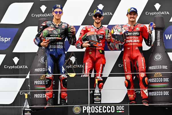 MotoGP™ podium L-R: Quartararo, Bagnaia, Miller - motogp.com