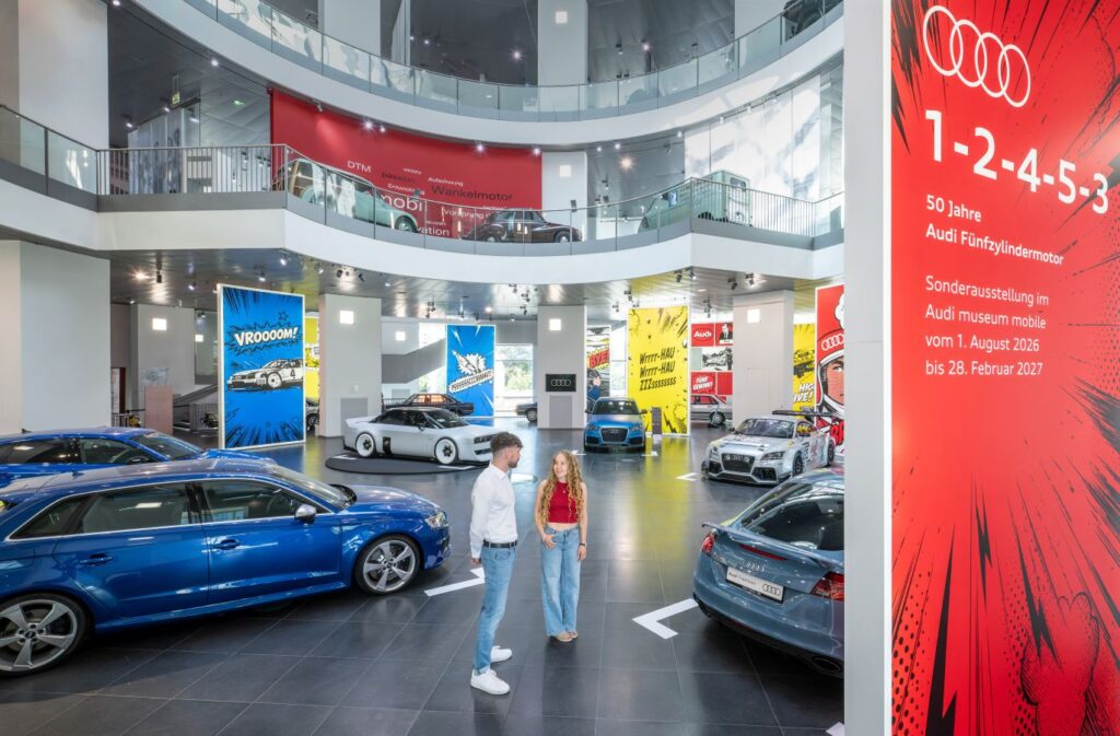 Audi's five-cylinder engines have had a significant impact on the brand's recent history with the four rings. Audi Tradition celebrates the anniversary of the cult engine with the special exhibition „1-2-4-5-3: 50 years of the Audi five-cylinder engine“ at the Audi museum mobile (1. August 2026 to February 28, 2027).