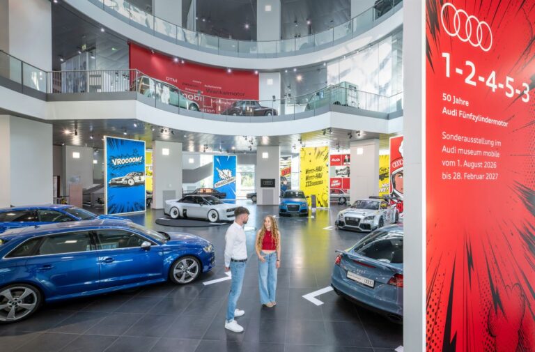 Audi's five-cylinder engines have had a significant impact on the brand's recent history with the four rings. Audi Tradition celebrates the anniversary of the cult engine with the special exhibition „1-2-4-5-3: 50 years of the Audi five-cylinder engine“ at the Audi museum mobile (1. August 2026 to February 28, 2027).
