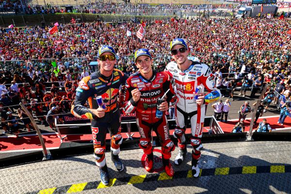 MotoGP 2026, the podium in the premier class in Misano, M. Marquez, A. Marquez, P. Acosta