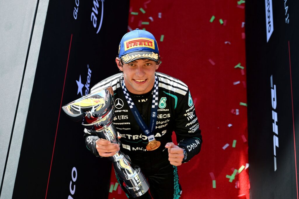 Race winner Andrea Kimi Antonelli of Italy and Mercedes AMG Petronas F1 Team on the podium with his trophy during the F1 Grand Prix of Italy