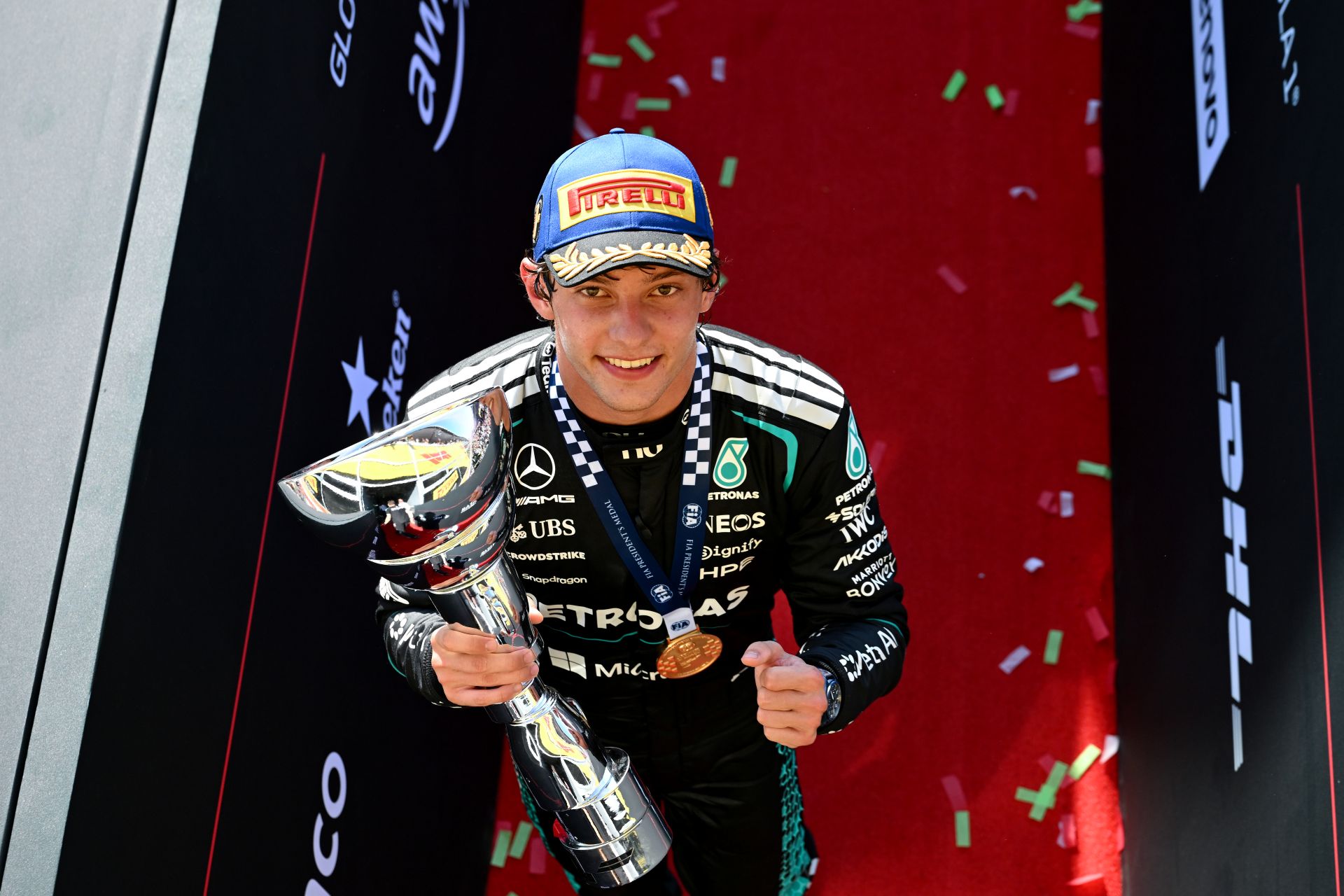 kimiantonelliofitalyandmercedesamgpetronasf1teamonthepodiumwithhistrophy Race winner Andrea Kimi Antonelli of Italy and Mercedes AMG Petronas F1 Team on the podium with his trophy during the F1 Grand Prix of Italy